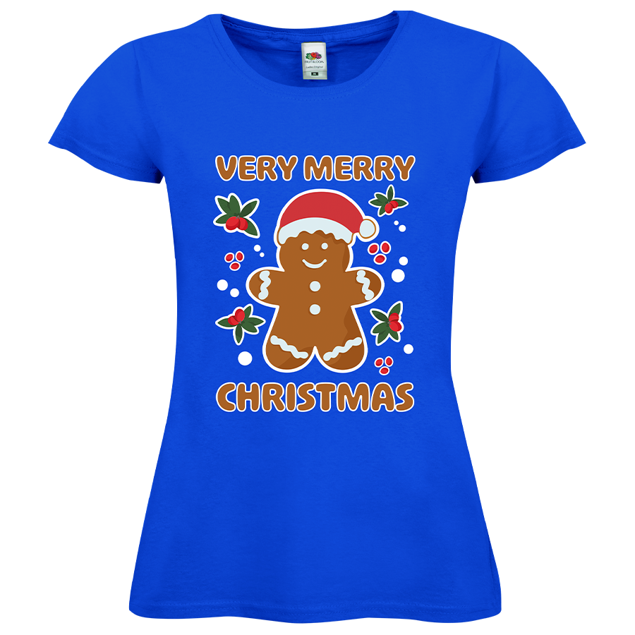 Blaues Damenshirt von Fruit of the Loom im Weihnachtsdesign bedruckt mit Lebkuchenmotiv