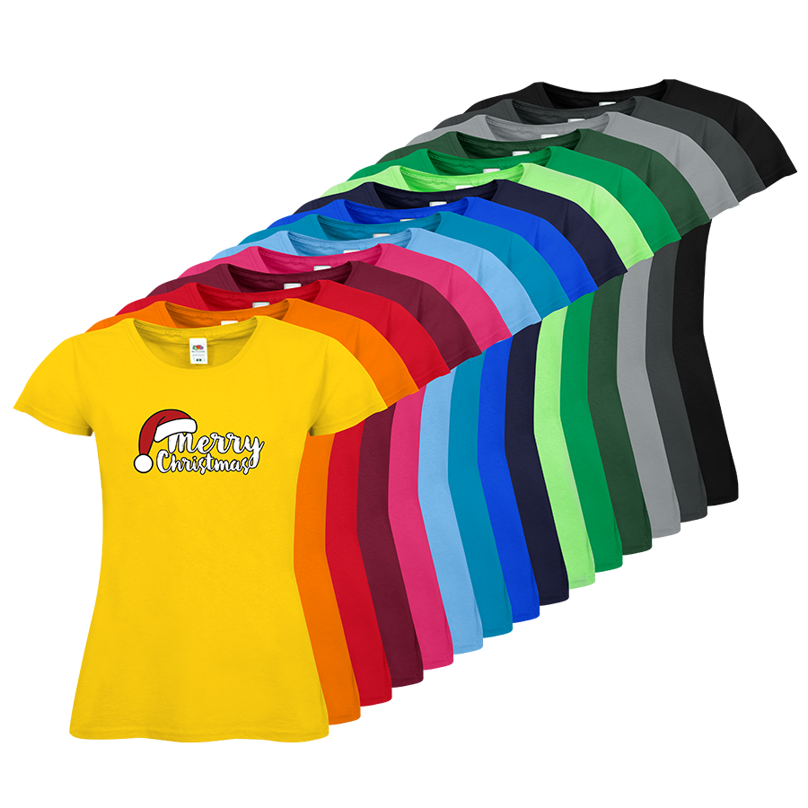 Damenshirts von Fruit of the Loom in vielen Farben bedruckt mit Weihnachtsmotiv Merry Christmas