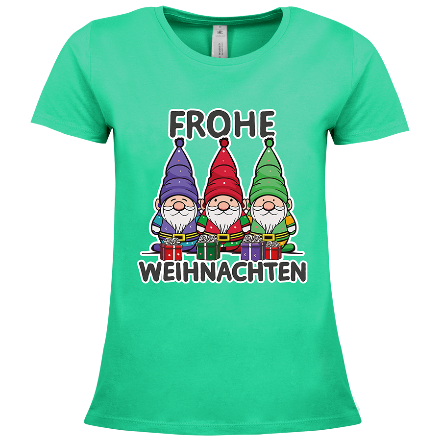 Grünes T-Shirt für Damen von B&C Collection im Weihnachtsdesign bedruckt mit Weihnachtswichtelmotiv
