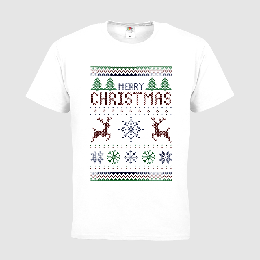 Weißes Herrenshirt von Fruit of the Loom im Weihnachtsdesign bedruckt mit dem Motiv Strickpulli