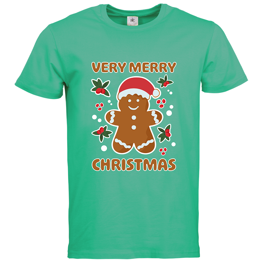 Mintgrünes Herrenshirt von B&C Collection im Weihnachtsdesign bedruckt mit Lebkuchenmotiv