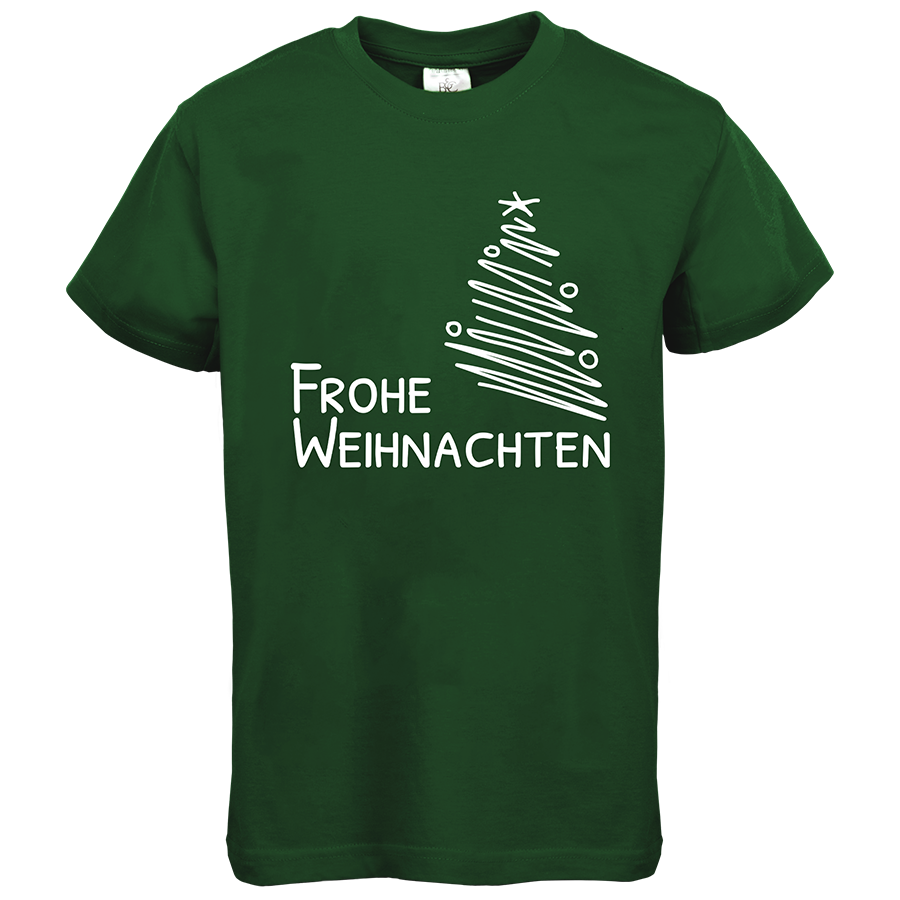 Dunkelgrünes Kinder-T-Shirt von B&C Collection bedruckt mit Weihnachtsmotiv Frohe Weihnachten