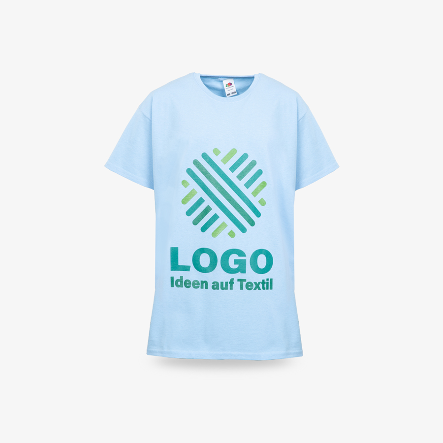 Blaues Basic-Kinder-T-Shirt von Fruit of the Loom mit bedruckter Vorderseite