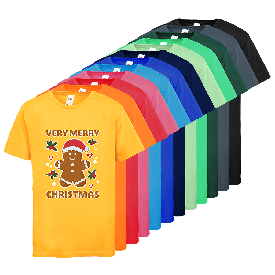 Kinder-T-Shirts in vielen Farben von Fruit of the Loom im Weihnachtsdesign bedruckt mit Lebkuchenmotiv