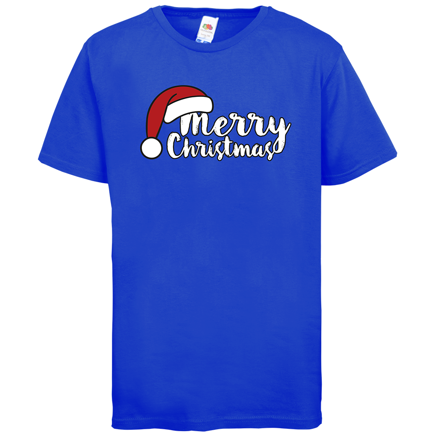 Blaues Kinder-T-Shirt von Fruit of the Loom bedruckt mit Weihnachtsmotiv Merry Christmas