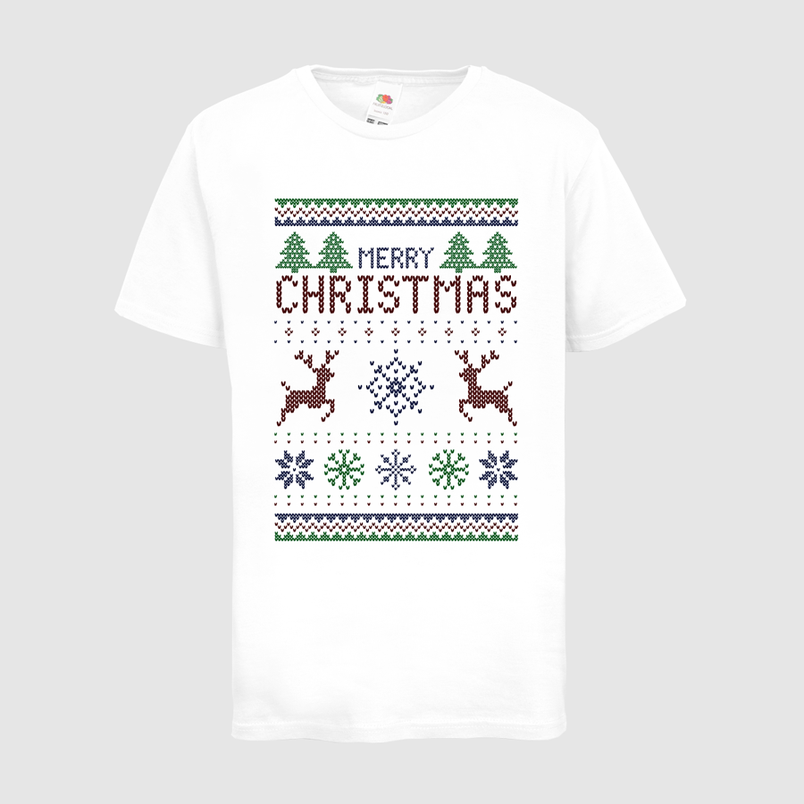 Weißes Premium-Kindershirt von Fruit of the Loom bedruckt mit Weihnachtsmotiv Weihnachtsstrickpulli
