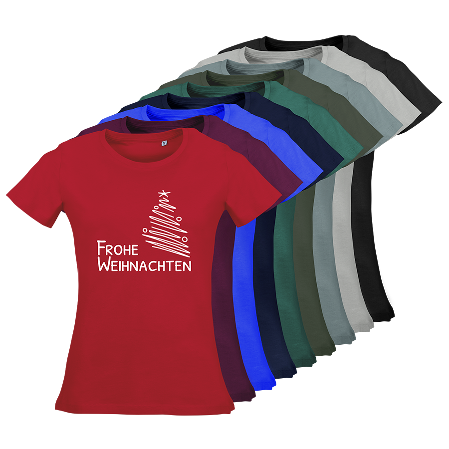 Organic-Damenshirts von Russel in vielen Farben bedruckt mit dem Weihnachtsmotiv Frohe Weihnachten