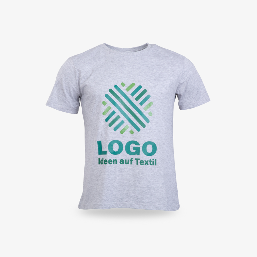 Graues Organic-T-Shirt von Russell, Vorderseite individuell bedruckt