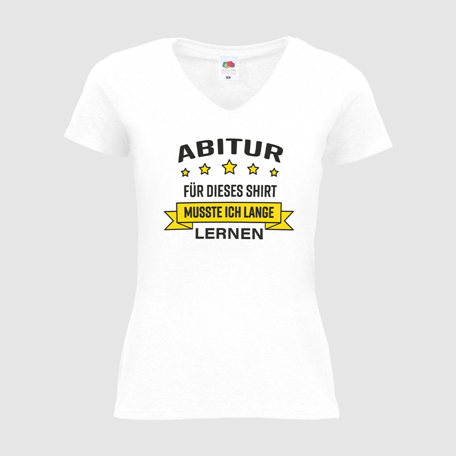 Weißes Damen-T-Shirt mit Abitur-Standardmotiv und V-Ausschnitt