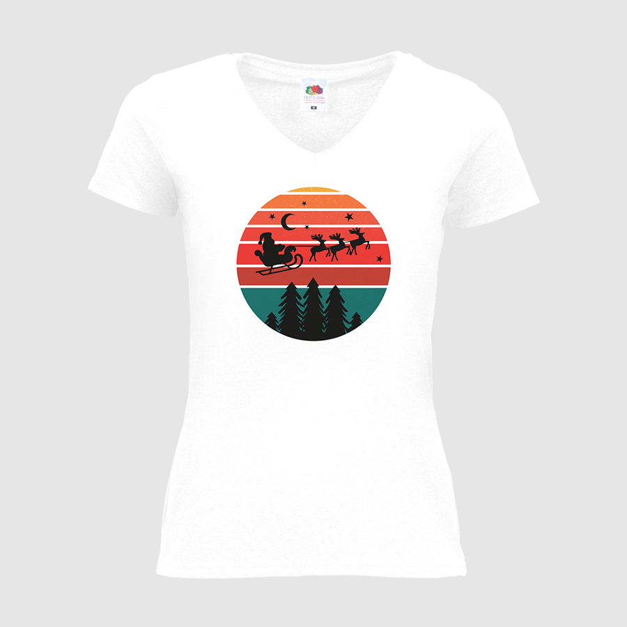 Weißes Damenshirt von Fruit of the Loom mit V-Neck bedruckt mit Weihnachtsmotiv Weihnachtshimmel