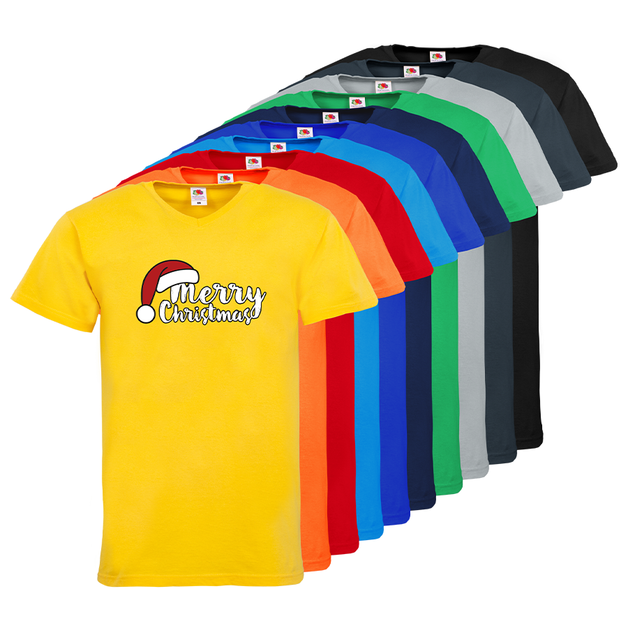 Herrenshirts von Fruit of the Loom in vielen Farben bedruckt mit Weihnachtsmotiv Merry Christmas