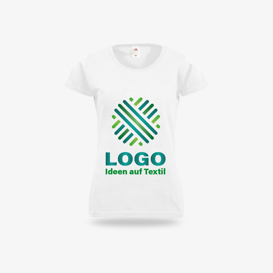 Bedrucktes weißes Basic-Damen-T-Shirt von vorne der Marke Fruit of the Loom im Siebdruck