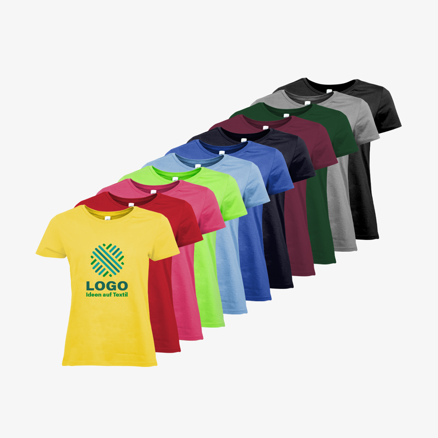 Viele bunte Basic-T-Shirts für Damen mit Rundhalsausschnitt und individuellem Druck