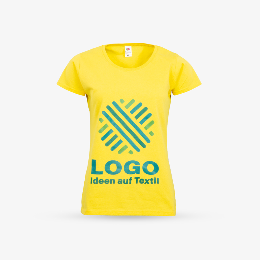 Basic-Damen-T-Shirt in Gelb mit bedruckter Vorderseite von Fruit of the Loom, mit Siebdruck