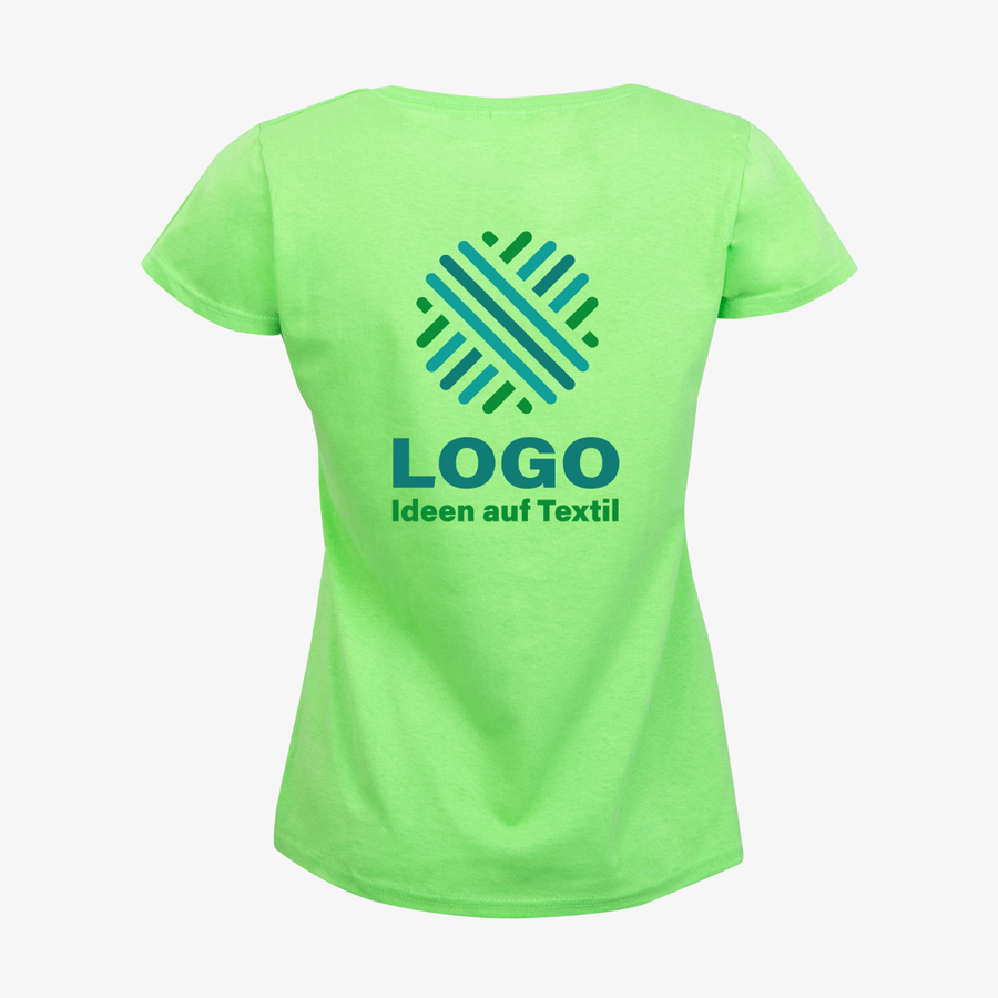 Grünes Damen-T-Shirt im Budgetmodell mit individuell bedruckter Rückseite von Fruit of the Loom