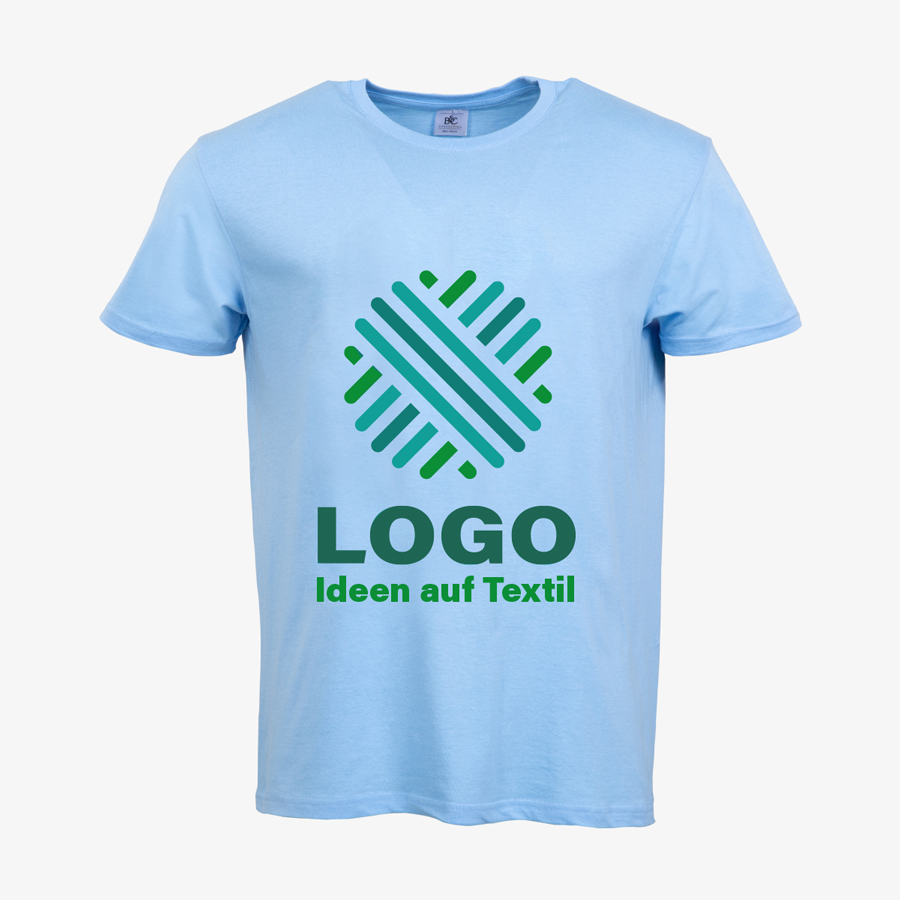 Herren-Basic-T-Shirt in Blau von vorne mit individuellem Motiv von B&C Collection