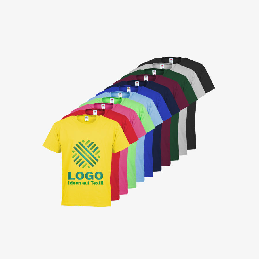 Viele bunte Basic-Herren-T-Shirts mit Siebdruck von Fruit of the Loom