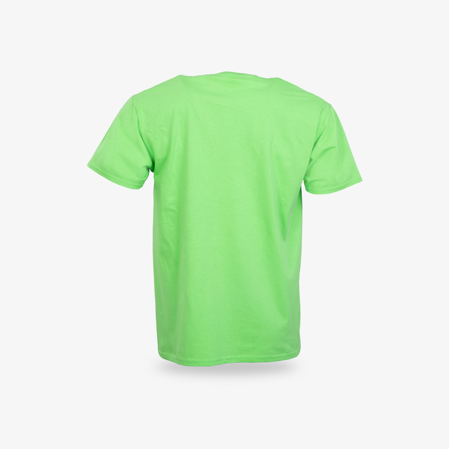 Rückseite eines hellgrünen, individuell bedruckbaren Basic-Herren-T-Shirts mit Rundhalsausschnitt