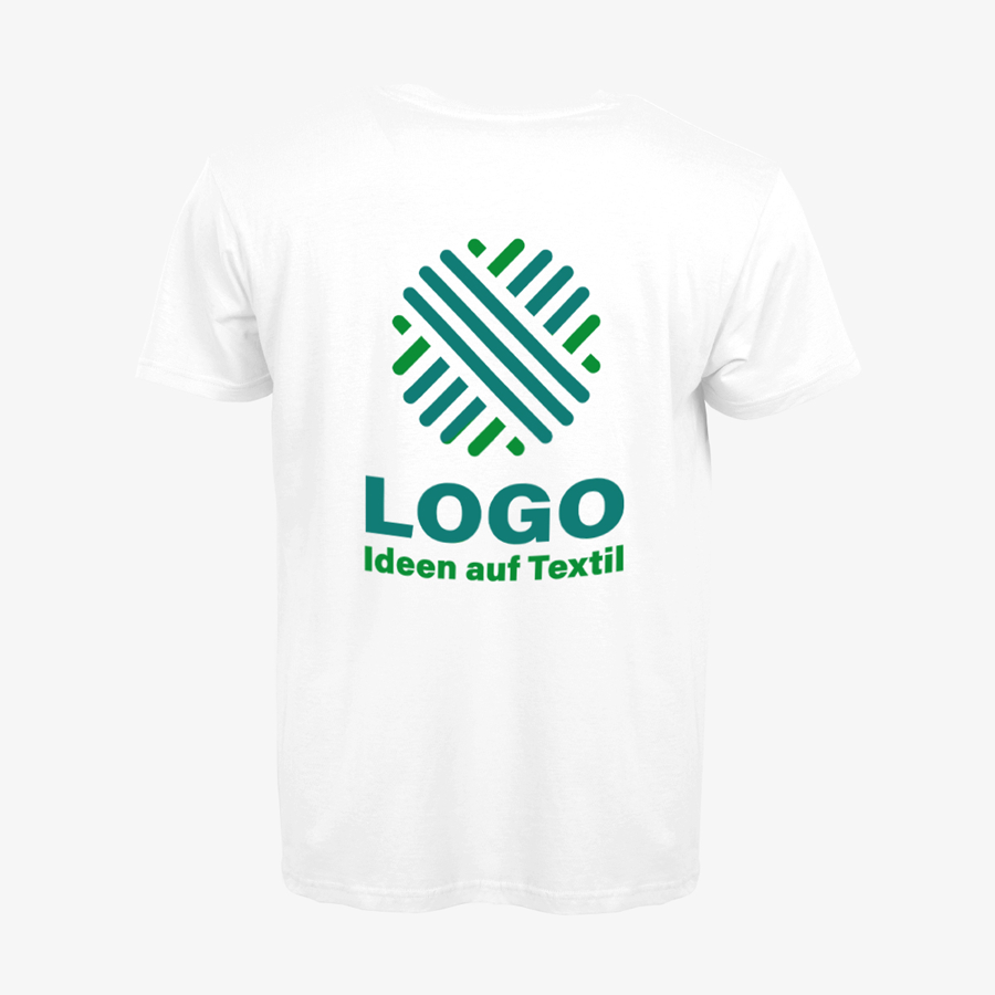 Weißes Herrenshirt im Basicmodell mit individuellem Druck auf der Rückseite