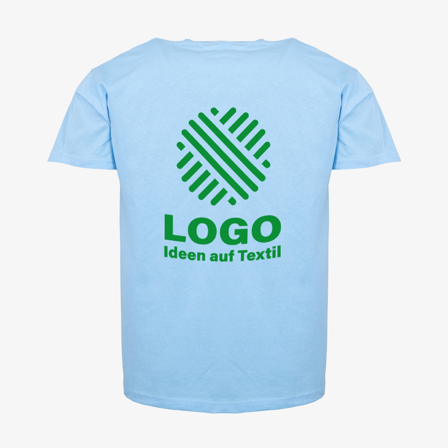 Blaues Budget-Herren-T-Shirt der Marke Fruit of the Loom von hinten mit Logo bedruckt