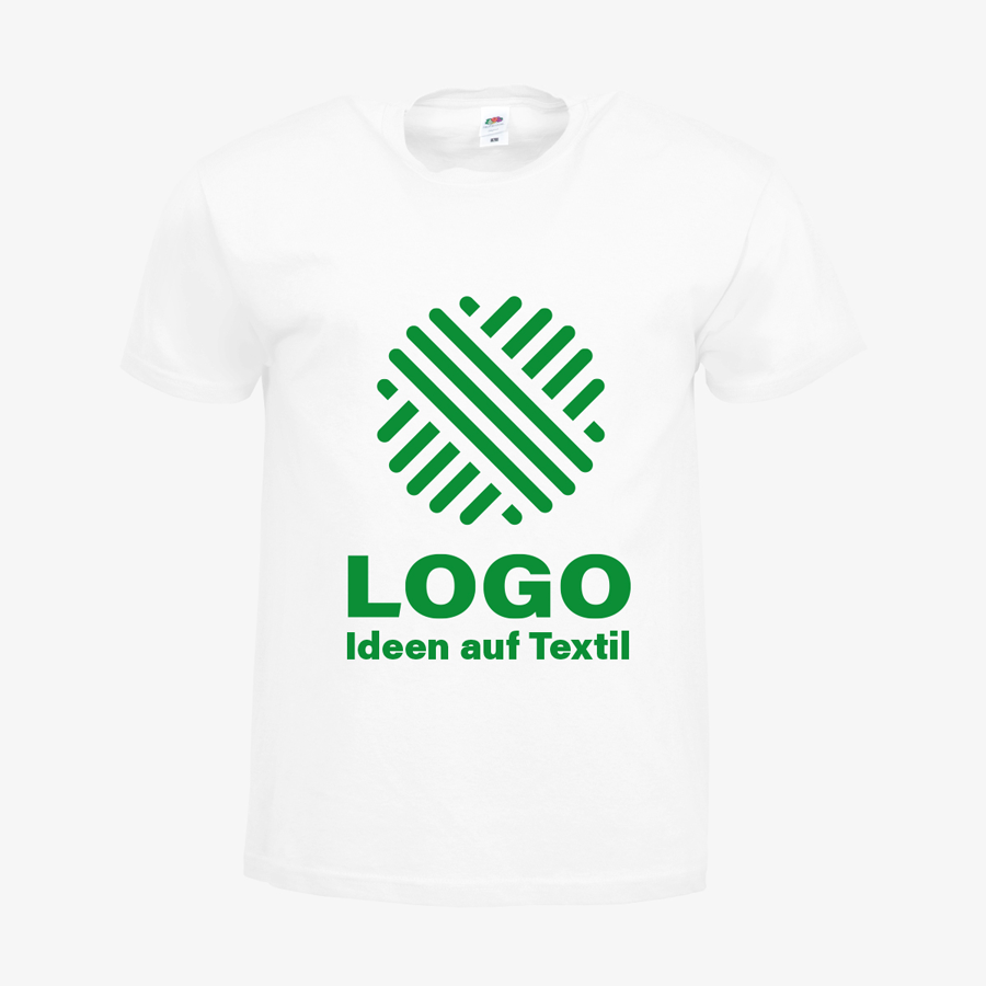 Weißes Herren-T-Shirt im Budgetmodell der Marke Fruit of the Loom mit bedruckter Vorderseite