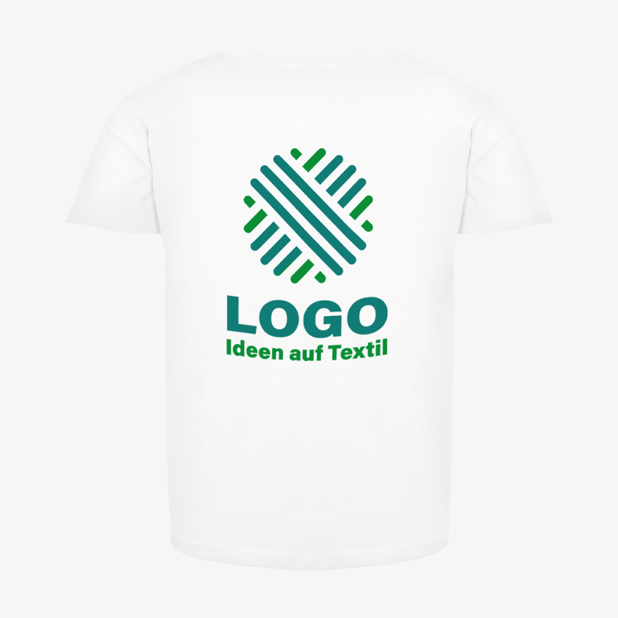 Weißes Budget-Herren-T-Shirt der Marke Fruit of the Loom von hinten mit Logo bedruckt