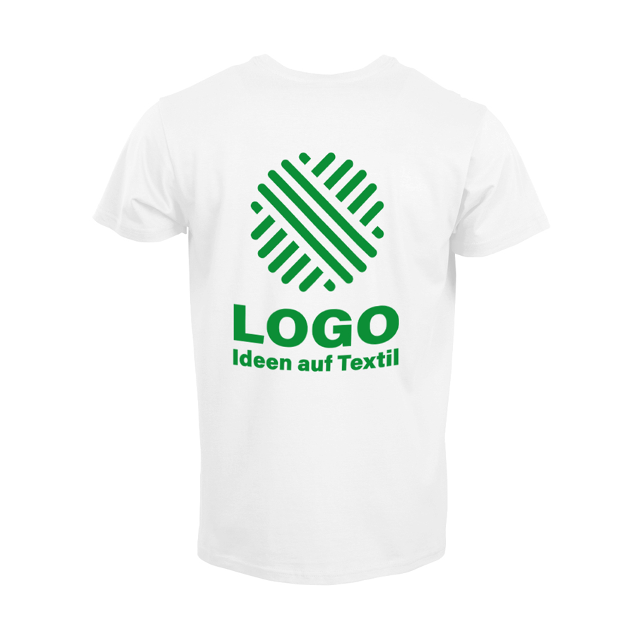 Weißes Premium-Herren-T-Shirt von hinten mit Logo bedruckt