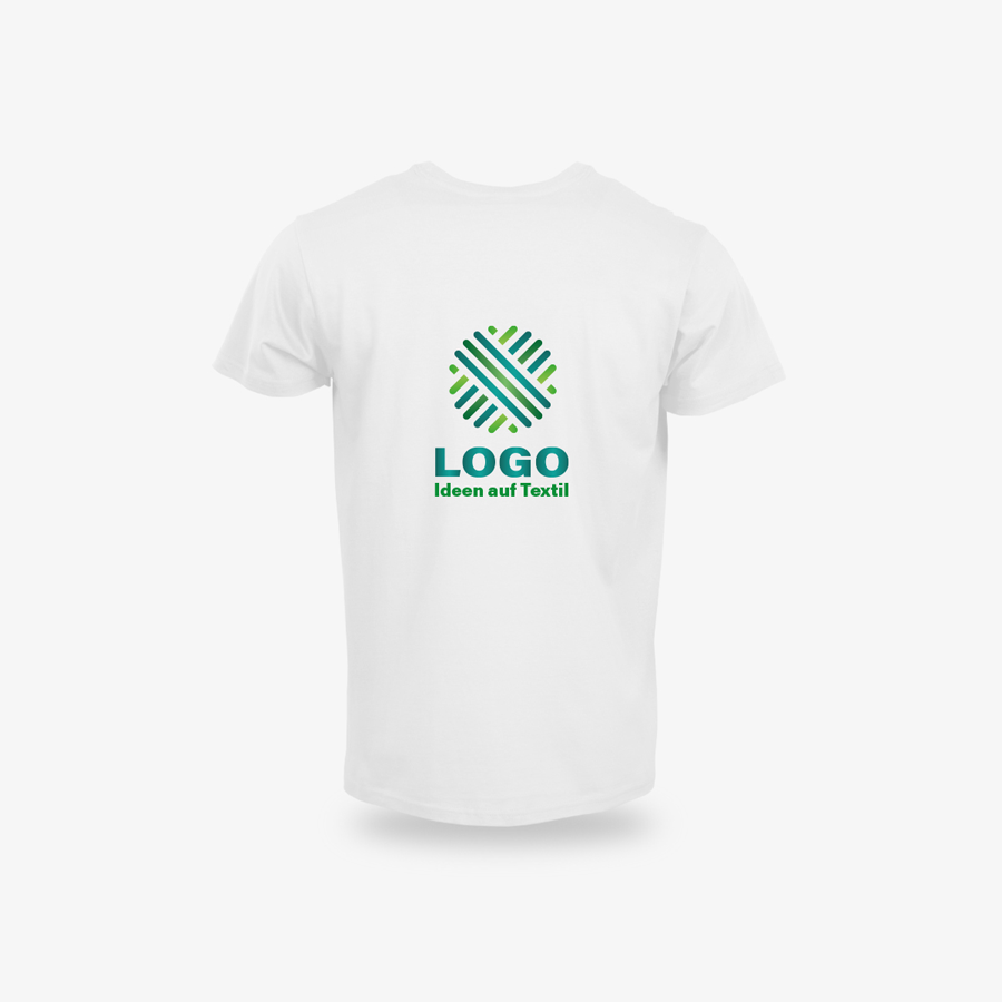 Rückseite eines weißen Premium-Herren-T-Shirts mit Rundhalsausschnitt und individuellem Digitaldruck