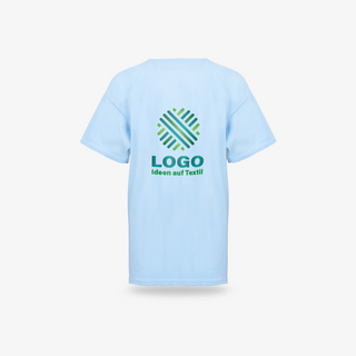 Hellblaues Budget-Kinder-Shirt mit individuellem Motiv auf der Rückseite 