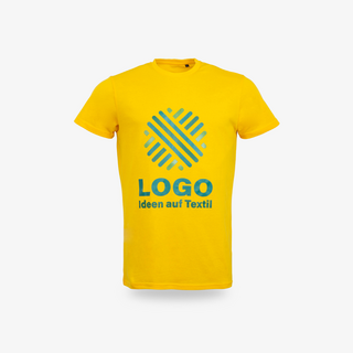 Gelbes Organic-Herren-Shirt mit individuellem Motiv auf der Vorderseite