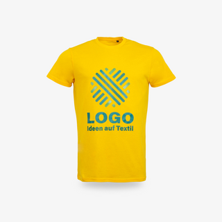 Gelbes Organic-T-Shirt von B&C Collection, mit Rundhalsausschnitt und individuellem Digitaldruck