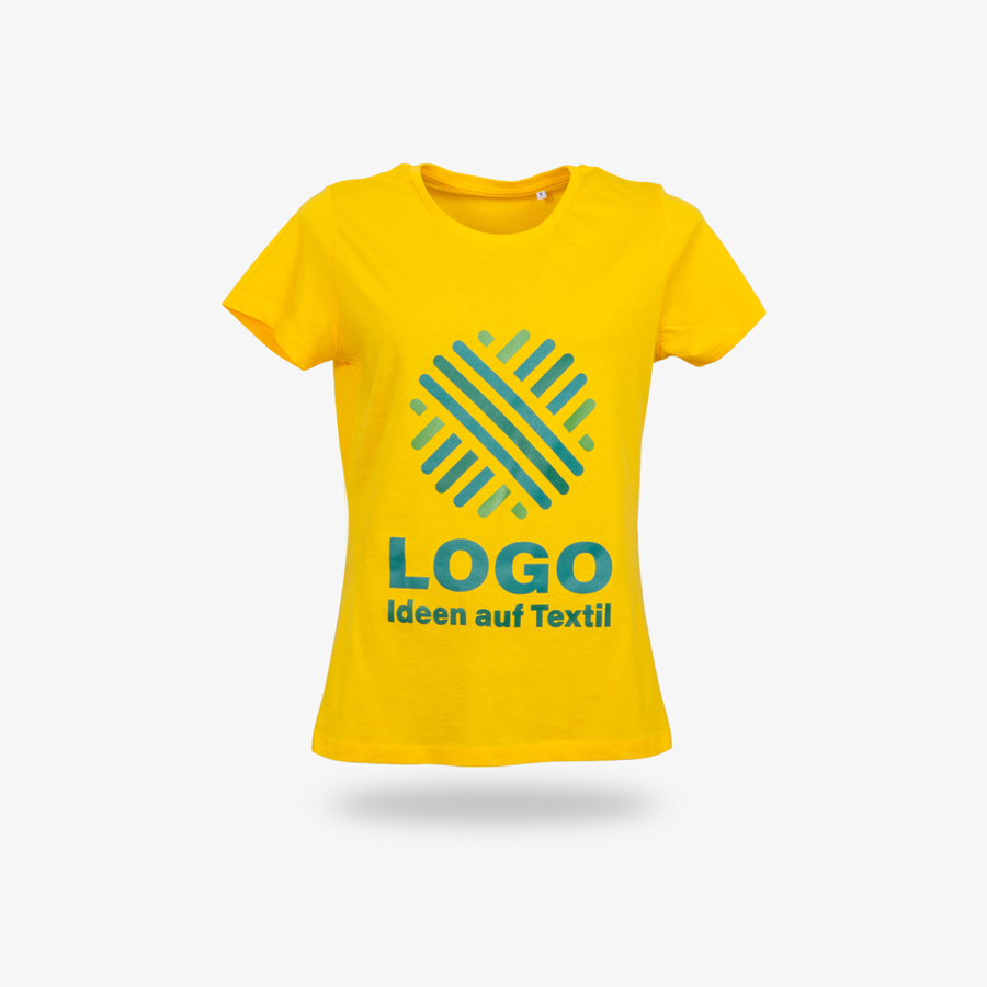 Gelbes Organic-T-Shirt von B&C Collection, Vorderseite individuell bedruckt
