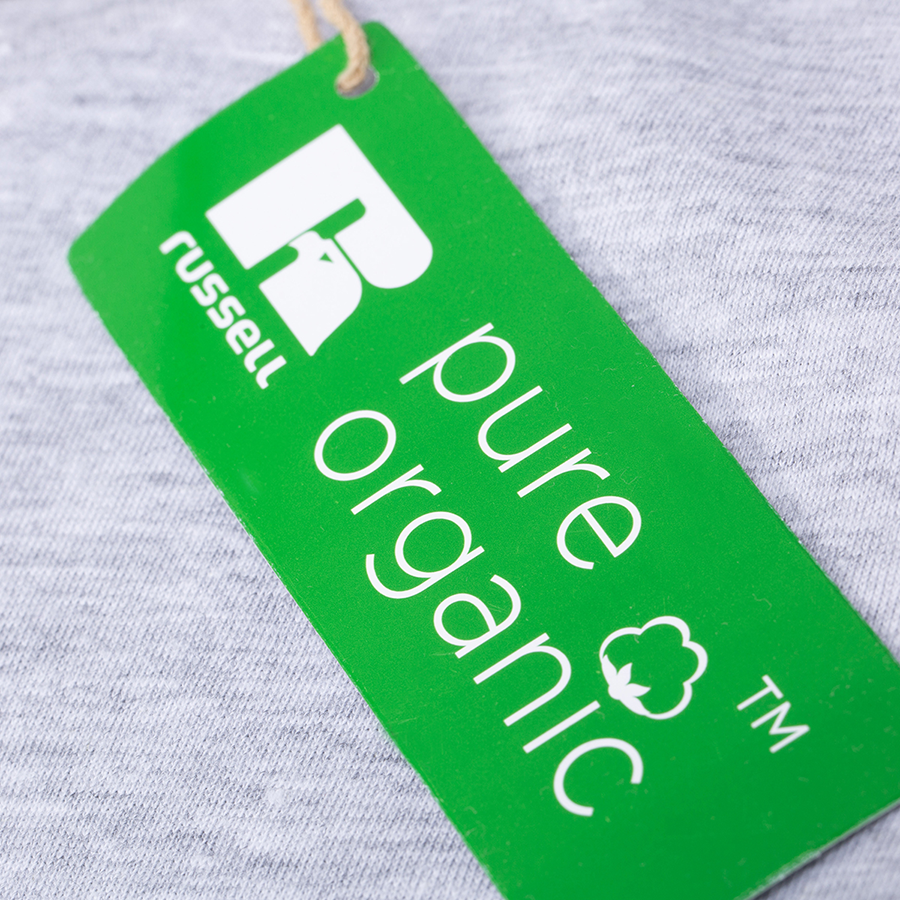 Organic-Herren-Shirt in Grau der Marke Russell Detailansicht Etikett