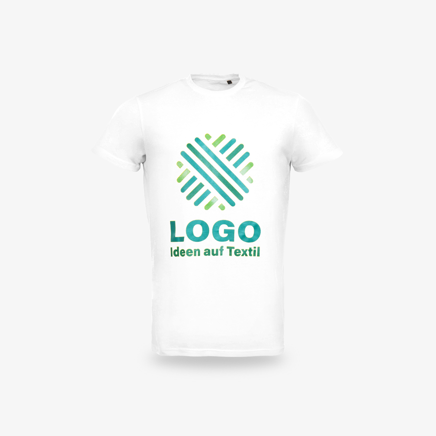 Weißes Organic-T-Shirt für Herren, mit Rundhalsausschnitt und individuellem Wunschmotiv als Digitaldruck