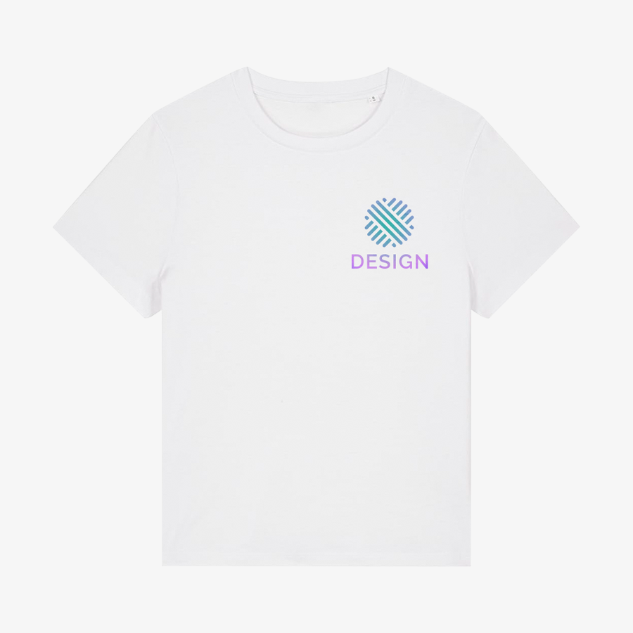 Weißes Damen-T-Shirt von Stanley/Stella aus Bio-Baumwolle, individuell und vollfarbig auf der Brust bedruckt