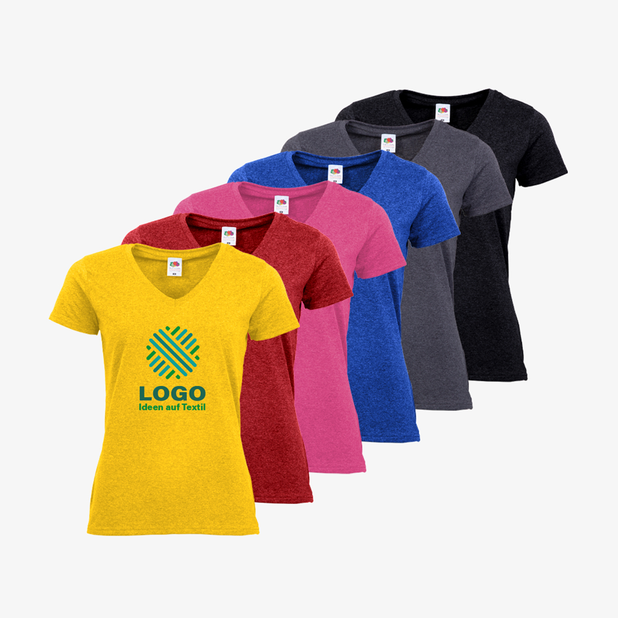 Große Auswahl an bunten bedruckten Basic-T-Shirts für Damen mit V-Neck der Marke Fruit of the Loom