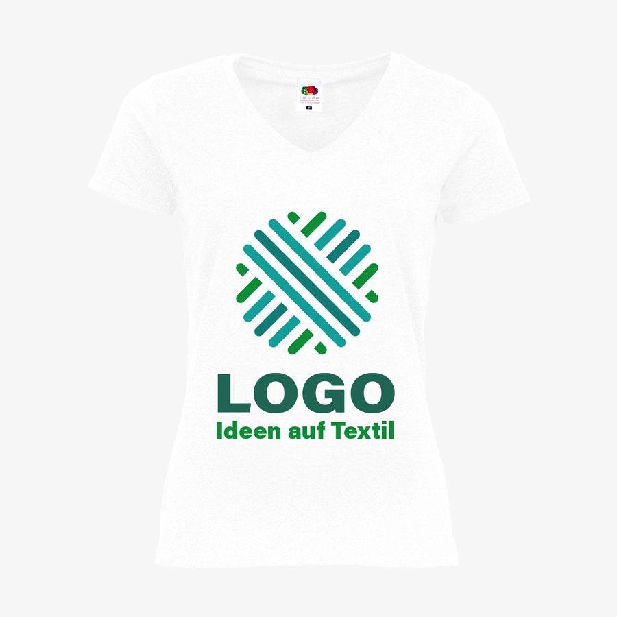 Weißes bedrucktes Damen-T-Shirt im Basicmodell mit V-Neck der Marke Fruit of the Loom Vorderansicht
