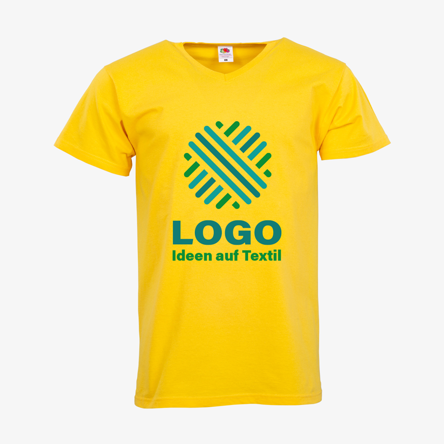 Gelbes V-Neck-T-Shirts für Herren von Fruit of the Loom mit 3-farbigem Siebdruckmotiv