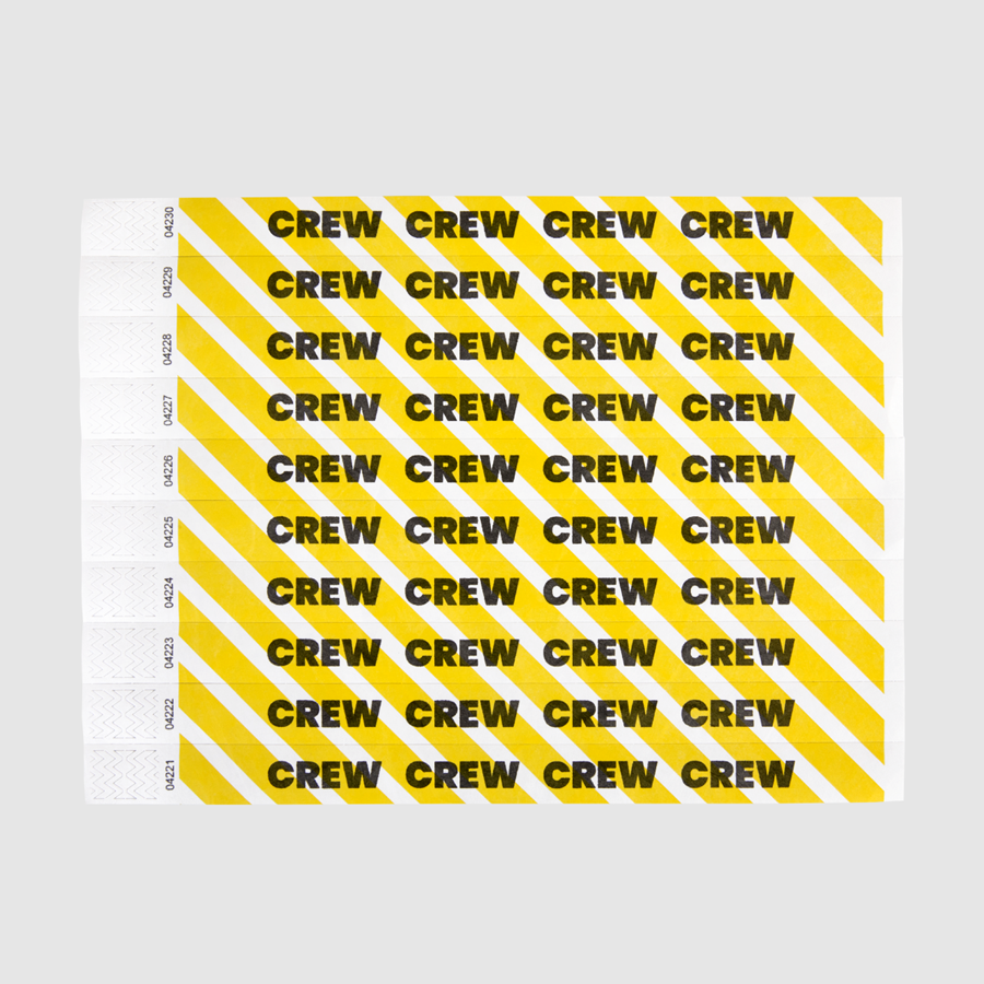 Gelb-weiß gestreifte Tyvek-Kontrollarmbänder mit 1/0-farbigem Motiv Crew