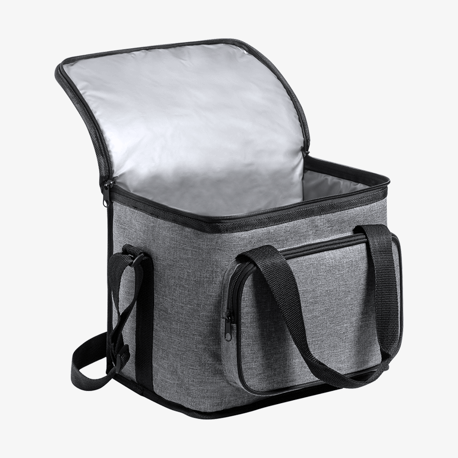 Unbedruckte, graue Picknick-Kühltasche mit Reißverschlussfach und zwei Tragegriffen