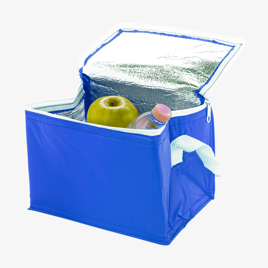 Unbedruckte, blaue PVC-Kühltasche mit Reißverschluss und Wärmeisolierung, für 6 Getränkedosen à 0,33 l