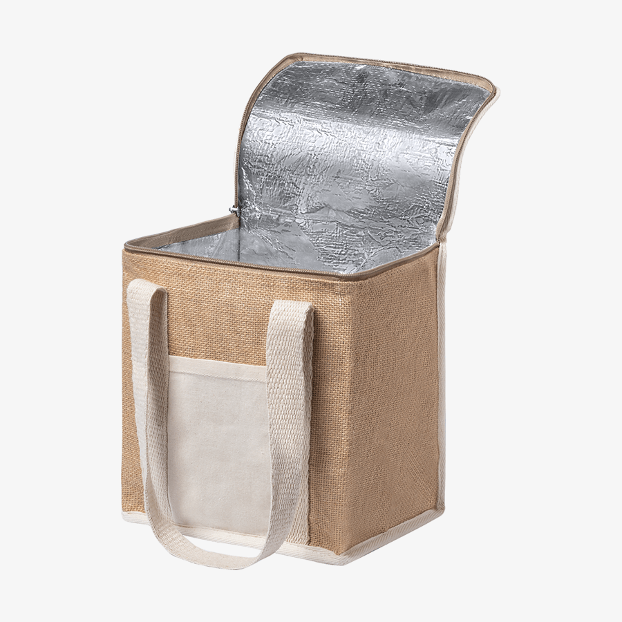 Unbedruckte Reißverschluss-Kühltasche aus laminierter Jute und Baumwolle mit Aluminiumbeschichtung