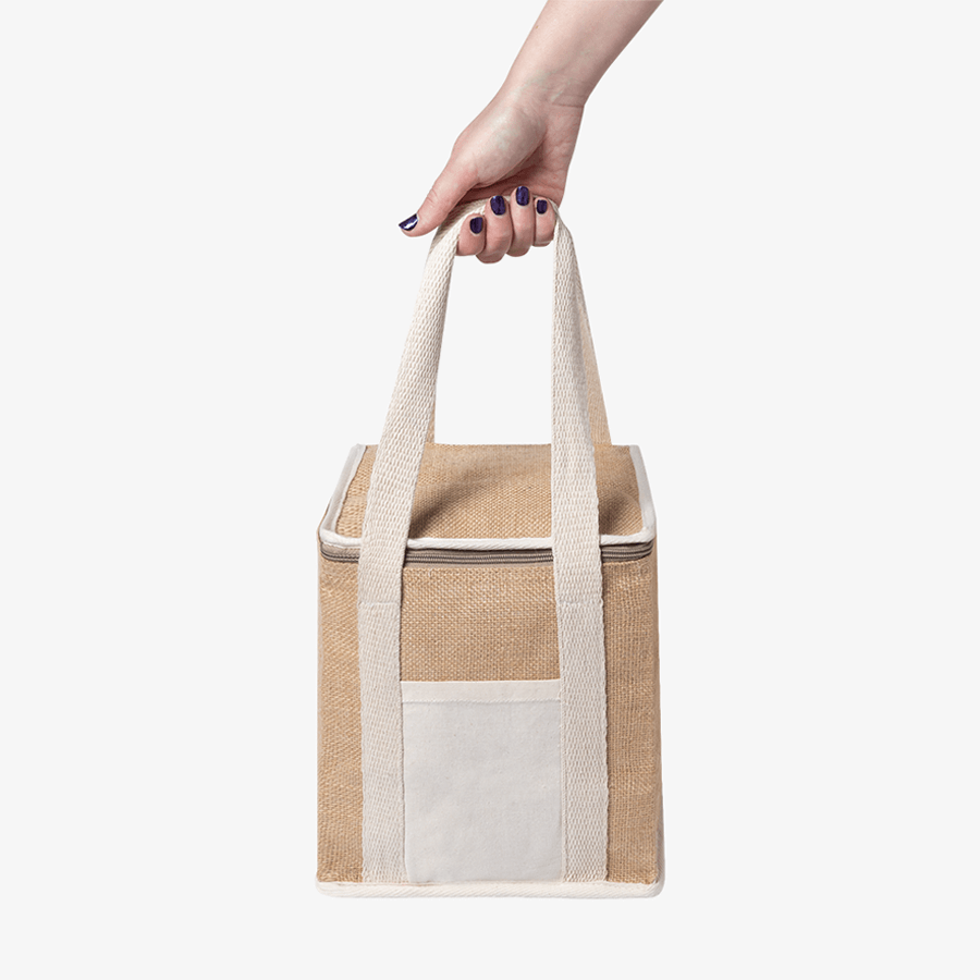 Naturfarbene Reißverschluss-Kühltasche aus laminierter Jute und Baumwolle, ohne Aufdruck