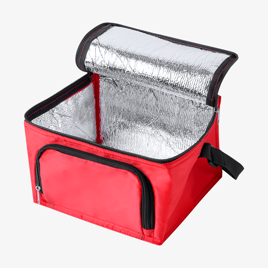 Rote, unbedruckte Kühltasche aus Polyester mit Reißverschlussfächern