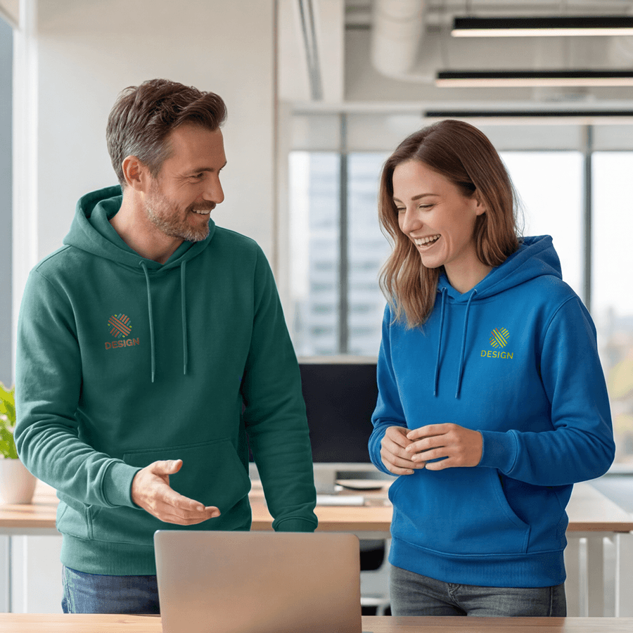 Eine Frau und ein Mann im Büro tragen individuelle Stanley/Stella-Hoodies