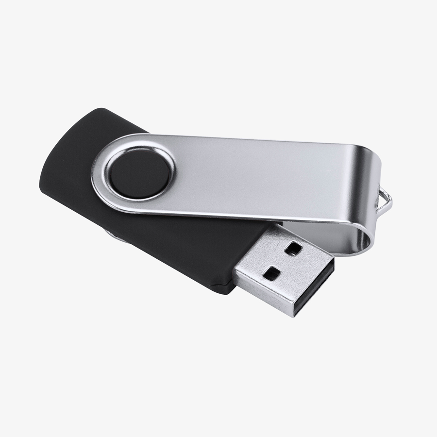 Schwarzer USB-Stick mit Metallbügel und 16 oder 32 GB