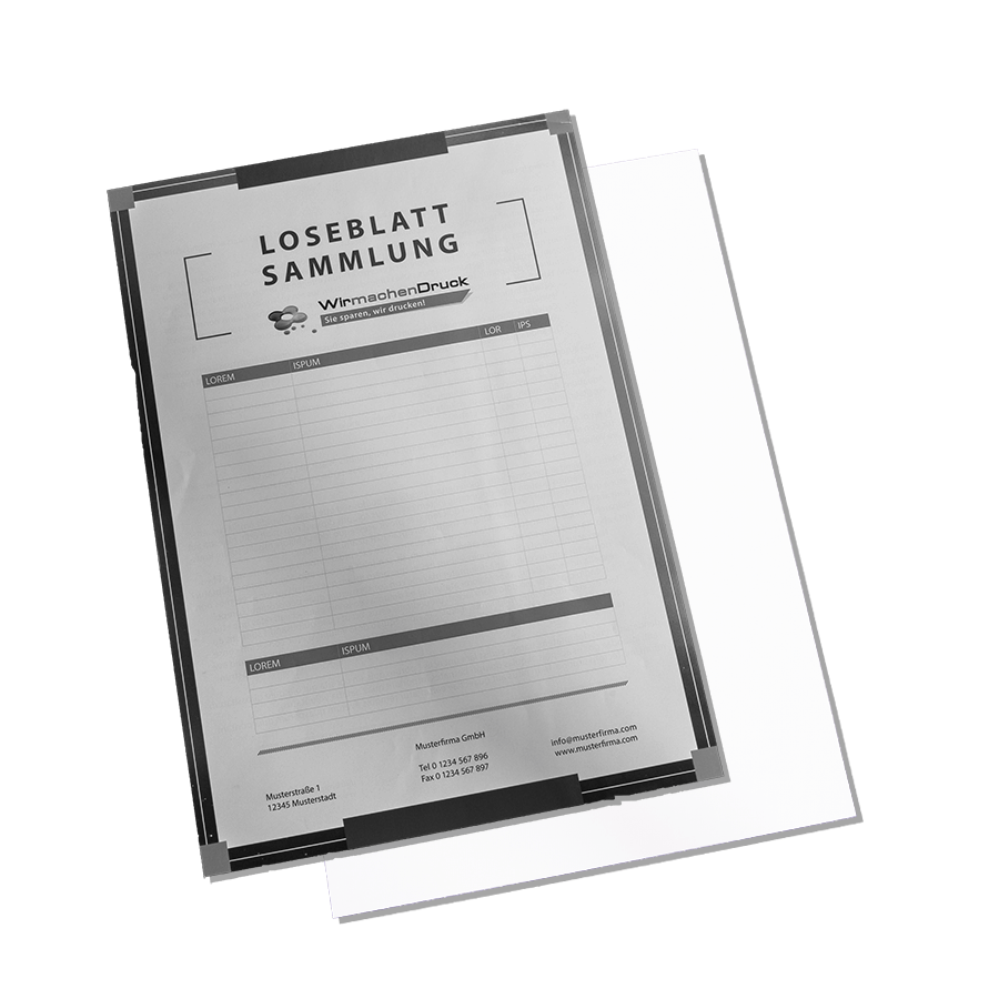 Schwarz-weiß bedruckte Loseblattsammlung im eigenen Design, Abbildung beider Seiten