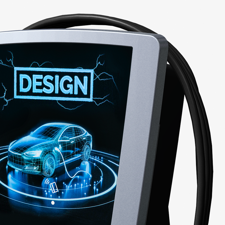 Nahaufnahme einer individuell bedruckten Wandladestation Heidelberg Wallbox Connect Home für Elektrofahrzeuge