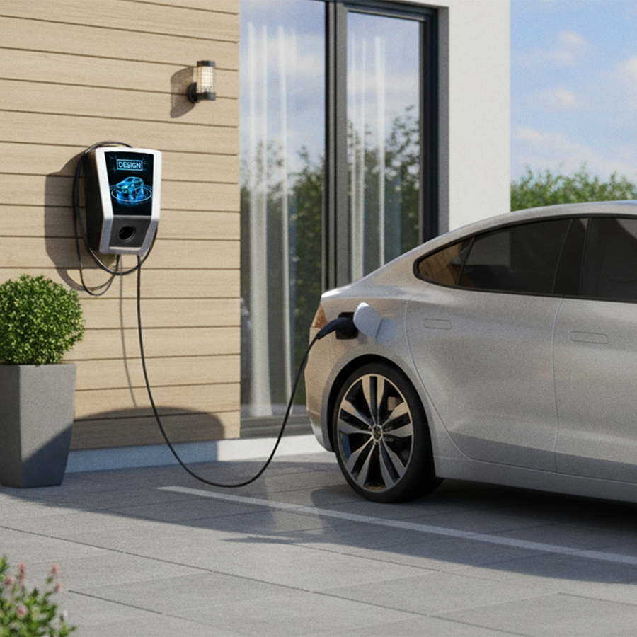 Heidelberg Wallbox Connect Home bedruckt mit eigenem Design an Haus beim Laden eines E-Autos
