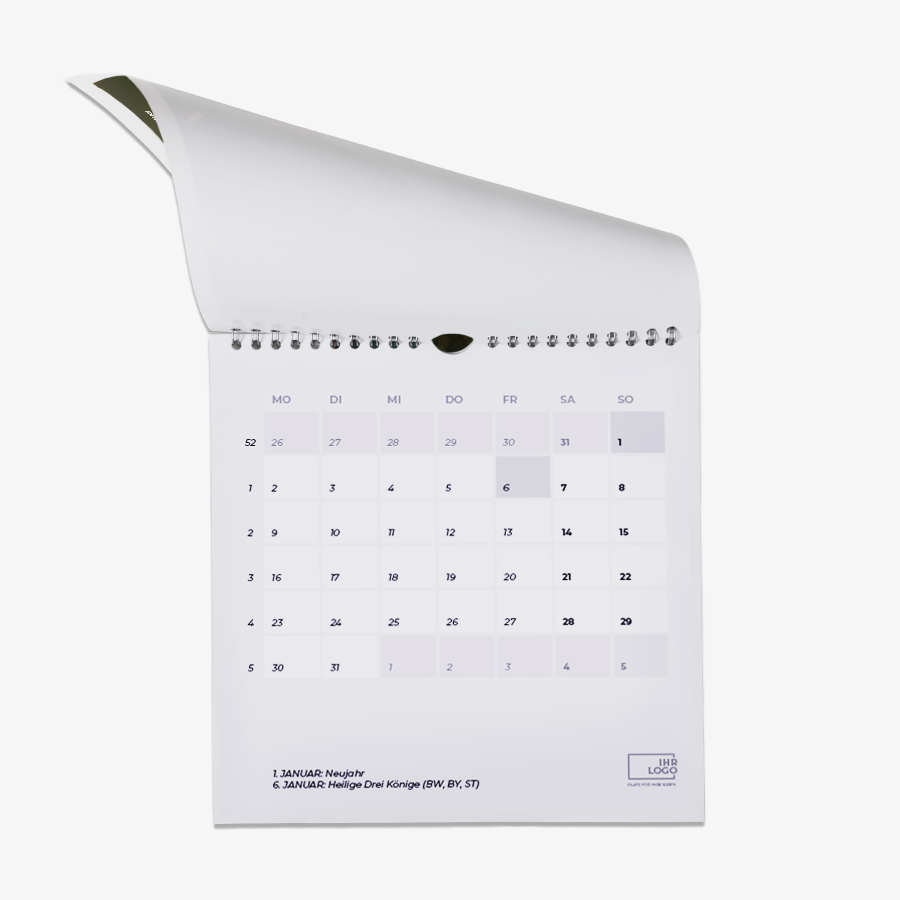 Quadratischer Wandkalender als Monatskalender oder Wochenkalender, aufgeklappt